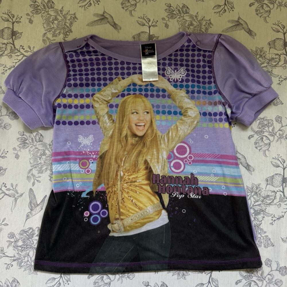 Y2K Hannah Montana Miley Cyrus T-shirt Kids XL PJ Top Purple Graphic Rare 2010s